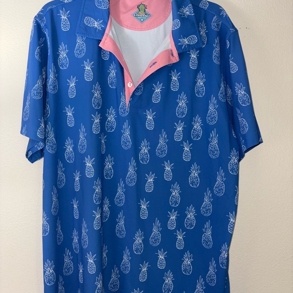 Chubbies Blue Shirt with White Pineapple and Pink Accents